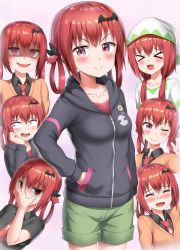 Rule 34 | &gt; &lt;, 1girl, :3, :d, ;3, bat hair ornament, black hoodie, black shirt, blush, cardigan, closed mouth, collared shirt, commentary request, cowboy shot, empty eyes, evil smile, expressions, fang, gabriel dropout, green shorts, hair between eyes, hair ornament, hair rings, hand in pocket, hat, head tilt, highres, hood, hood down, hoodie, long hair, looking at viewer, multiple views, necktie, nedia (nedia region), nightcap, one eye closed, open mouth, pajamas, pink background, purple eyes, red hair, red neckwear, satanichia kurumizawa mcdowell, school uniform, shaded face, shirt, short shorts, shorts, simple background, smile, v-shaped eyebrows, wavy mouth, white hat, white shirt, xd