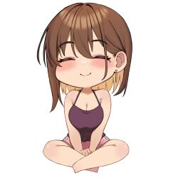 Rule 34 | 1girl, absurdres, blush, breasts, brown hair, camisole, chibi, cleavage, closed eyes, closed mouth, colored inner hair, dangle earrings, earrings, highres, jewelry, large breasts, mole, mole under eye, multicolored hair, ol-chan (udon), original, short hair, sitting, smile, solo, udon (udonalium), v arms