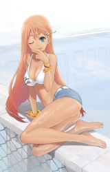 Rule 34 | 1girl, arm support, ass, bangle, barefoot, bikini, bikini top only, blue eyes, body writing, bracelet, breasts, brown hair, chain-link fence, check translation, cleavage, denim, denim shorts, feet, fence, gyaru, highres, jewelry, kogal, large breasts, legs, legs folded, light smile, lips, long hair, looking at viewer, md5 mismatch, one eye closed, original, pandaun, partially submerged, pool, poolside, resolution mismatch, shallow water, shochuumimai, short shorts, shorts, shorts tan, solo, source larger, sun tattoo, swimsuit, tan, tan tattoo, tanline, tattoo, translated, translation request, water, wink
