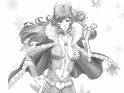 Rule 34 | 1girl, breasts, cape, circlet, cleavage, clothing cutout, collarbone, commentary request, fur-trimmed cape, fur trim, ginga reppuu baxingar, greyscale, hand on own hip, jewelry, layla mineri, leaf, leaf background, medium breasts, monochrome, navel cutout, neck ring, necklace, plunging neckline, smile, solo, yoshiten