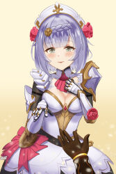 Rule 34 | 1boy, 1girl, absurdres, aether (genshin impact), armor, armored dress, blush, braid, breasts, brown gloves, cleavage, dress, flower, gauntlets, genshin impact, gloves, green eyes, grey hair, hair flower, hair ornament, hand up, highres, lianharu, looking at viewer, maid, maid headdress, medium breasts, noelle (genshin impact), red flower, red rose, rose, short hair, shoulder armor, smile, solo