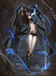 Rule 34 | 1girl, absurdres, arm up, bad id, bad twitter id, belt, bikini, bikini top only, black bikini, black coat, black footwear, black hair, black rock shooter, black rock shooter (character), black shorts, blue eyes, boots, chain, coat, deluxe&lt;&lt;&lt;, flaming eye, flat chest, front-tie bikini top, front-tie top, full body, groin, gun, highres, holding, holding sword, holding weapon, huge weapon, katana, knee boots, long hair, long sleeves, looking at viewer, micro shorts, navel, open clothes, open coat, short shorts, shorts, solo, standing, stomach, string bikini, swimsuit, sword, thighs, twintails, uneven twintails, very long hair, weapon