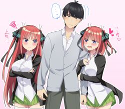 Rule 34 | 1boy, 2girls, :&lt;, :d, absurdres, arm grab, arm hug, arms under breasts, black cardigan, black hair, black ribbon, blue eyes, blunt bangs, blush, breasts, butterfly hair ornament, cardigan, crossed arms, dual persona, embarrassed, frown, go-toubun no hanayome, green skirt, grey cardigan, grey pants, hair ornament, heart, highres, hime cut, kurosaki coco, large breasts, long hair, looking at another, multicolored nails, multiple girls, nail polish, nakano nino, open cardigan, open clothes, open mouth, pants, pink hair, raised eyebrows, ribbon, school uniform, shirt, sidelocks, simple background, skirt, sleeves past wrists, smile, speech bubble, thick thighs, thighhighs, thighs, twintails, uesugi fuutarou, v-shaped eyebrows, white shirt, white thighhighs, yellow eyes, zettai ryouiki