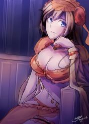 Rule 34 | 1girl, blue eyes, breasts, brown hair, choker, cleavage, fate/grand order, fate (series), flower, frills, large breasts, long hair, looking at viewer, mata hari (fate), midriff, navel, panties, parted lips, see-through, smile, solo, underwear, veil