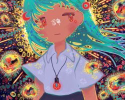 Rule 34 | 1girl, abstract, absurdres, aqua hair, bacteria, collared shirt, crescent moon, glowing, highres, jewelry, long hair, moon, necklace, no nose, original, plant, red eyes, saturn (planet), shirt, short sleeves, sizucomaru, solo, upper body, white shirt