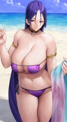 Rule 34 | 1girl, absurdres, armlet, beach, bikini, breasts, cleavage, closed mouth, cloud, collarbone, eyepatch bikini, fate/grand order, fate (series), hand up, highres, holding sarong, huge breasts, large breasts, long hair, looking at viewer, minamoto no raikou (fate), minamoto no raikou (fate/grand order), minamoto no raikou (swimsuit lancer) (fate), minamoto no raikou (swimsuit lancer) (third ascension) (fate), navel, ocean, outdoors, purple bikini, purple eyes, purple hair, sarong, side-tie bikini bottom, sky, smile, solo, swimsuit, very long hair, yoshio (55level)