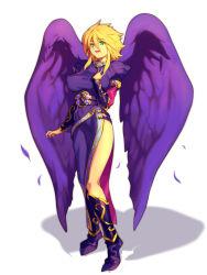 Rule 34 | 1girl, bad id, bad pixiv id, black wings, blonde hair, boots, breasts, breath of fire, breath of fire ii, bridal gauntlets, dress, covered erect nipples, green eyes, hand on own chest, highres, knee boots, large breasts, legs, long hair, long legs, metata, nina (breath of fire ii), puffy nipples, side slit, sidelocks, solo, taut clothes, taut dress, thighs, wings