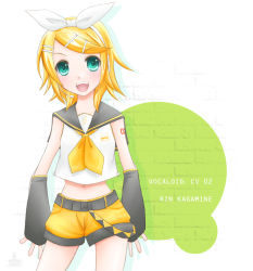 Rule 34 | 1girl, :d, aqua eyes, belt, blonde hair, bow, brick, capelet, detached sleeves, hair ornament, hairclip, headphones, headset, kagamine rin, minyo, open mouth, shirt, short hair, shorts, sleeveless, sleeveless shirt, smile, solo, standing, swept bangs, vocaloid