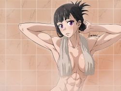 Rule 34 | 1girl, abs, armpits, baron (varon666), black hair, breasts, convenient censoring, en&#039;en no shouboutai, highres, maki oze, medium breasts, muscular, muscular female, naked towel, purple eyes, showering, solo, standing, toned, towel, towel around neck, towel over breasts, updo, wet