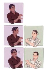 Rule 34 | !?, 2boys, ?, black eyes, black hair, brown hair, brown shirt, chengongzi123, closed mouth, collared shirt, commentary, dark-skinned male, dark skin, facial hair, goatee stubble, golden kamuy, green background, hand up, heart, heart hands, heart hands failure, highres, koito otonoshin, looking at another, looking at viewer, male focus, multiple boys, multiple views, open mouth, plaid, purple background, sequential, shirt, short hair, simple background, smile, stubble, symbol-only commentary, thumbs up, tsukishima hajime, upper body, veins, very short hair, white background, yaoi