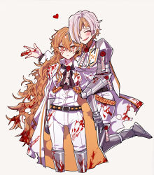 2girls armored_boots blonde_hair blood blood_in_hair blood_on_clothes blood_on_face boots breasts closed_eyes closed_mouth coat coat_on_shoulders cowboy_shot gauntlets genderswap genderswap_(mtf) hand_up hug jacket kromer_(project_moon) limbus_company long_hair looking_at_viewer medium_breasts multicolored_hair multiple_girls n_corp._fanatic_(identity)_(project_moon) pants parted_lips project_moon short_hair sidelocks sinclair_(project_moon) smile streaked_hair talisman thigh_boots very_long_hair wax_seal white_coat white_hair white_jacket white_pants yellow_eyes yono_neie