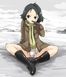 Rule 34 | 10s, 1girl, black hair, blush, boots, brave witches, gloves, kanno naoe, military, mozu (peth), panties, scarf, scratching, short hair, sitting, solo, strike witches, underwear, uniform, world witches series