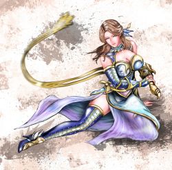 Rule 34 | 1girl, breasts, brown hair, china dress, chinese clothes, cleavage, corset, dress, gloves, hair ornament, high heels, large breasts, neck ribbon, ribbon, sash, shin sangoku musou, thick thighs, thighhighs, thighs, vambraces, weapon, whip sword, zhang chunhua