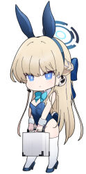 Rule 34 | 1girl, animal ears, bare shoulders, blonde hair, blue archive, blue bow, blue eyes, blue footwear, blue hair, blue hairband, blue leotard, bow, braid, breasts, chibi, closed mouth, collar, commentary request, detached collar, ear piercing, earrings, fake animal ears, full body, hair between eyes, hair bow, hairband, high heels, highres, holding, jewelry, leotard, long hair, medium breasts, multicolored hair, nyaru (nyaru 4126), piercing, playboy bunny, rabbit ears, shoes, simple background, solo, standing, streaked hair, suitcase, thighhighs, toki (blue archive), toki (bunny) (blue archive), very long hair, white background, white collar, white thighhighs, wing collar, wrist cuffs