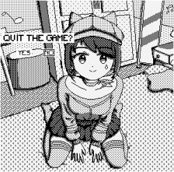 animal_ear_headwear animated animated_gif breasts closed_mouth commentary cool_mita_(miside) deimiler english_commentary english_text fake_animal_ears greyscale hat indoors long_sleeves lowres medium_breasts miniskirt miside mita_(miside) monochrome peaked_cap pixel_art short_hair sitting skirt smile thighhighs wariza