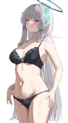 Rule 34 | 1girl, absurdres, artist name, bare shoulders, blue archive, breasts, cleavage, dubeaduver, grey hair, highres, long hair, looking at viewer, medium breasts, noa (blue archive), purple eyes, simple background, solo, swimsuit