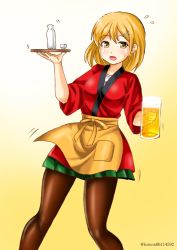 Rule 34 | 1girl, alcohol, apron, bandaid, bandaid on face, beer, beer mug, black pantyhose, bottle, breasts, brown hair, choko (cup), cowboy shot, cup, gradient background, green skirt, hair between eyes, holding, holding tray, japanese clothes, kantai collection, kudou (ooabareteng), medium breasts, mug, oboro (kancolle), official alternate costume, open mouth, orange apron, orange hair, pantyhose, sake, sake bottle, short hair, skirt, solo, sweatdrop, tray, waist apron, waitress, yellow background