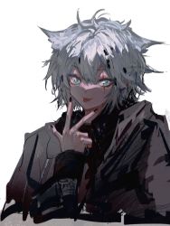 Rule 34 | 1girl, :p, ambience synesthesia, animal ears, arknights, black jacket, black nails, blue eyes, closed mouth, cropped torso, highres, jacket, lappland (arknights), long sleeves, looking at viewer, naijiaer, nail polish, official alternate costume, scar, scar across eye, scar on face, short hair, silver hair, simple background, smile, solo, tongue, tongue out, upper body, v, white background, wolf ears