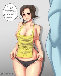 Rule 34 | 1boy, 1girl, absurdres, alternate breast size, apron, artist name, bare shoulders, black panties, blush, breasts, brown eyes, brown hair, cameltoe, cleavage, cooterzi, creatures (company), curvy, game freak, gen 1 pokemon, highres, large breasts, lips, looking at another, looking at viewer, machamp, mature female, mother (pokemon), muscular, muscular male, naked apron, naughty face, nintendo, paldea mother, panties, parted bangs, pokemon, pokemon sv, pokephilia, ponytail, seductive smile, shiny skin, short hair, sideboob, simple background, smile, thighs, underwear, wide hips, yellow apron