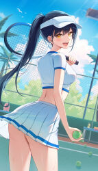 back ball black_hair blush chain-link_fence fence gloria_(gloriao3o) highres long_hair looking_at_viewer looking_back midriff open_mouth original palm_tree pleated_skirt ponytail racket skirt sportswear sweat tennis_ball tennis_court tennis_racket tennis_uniform thighs tree visor_cap wind wind_lift yellow_eyes