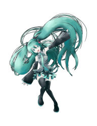 Rule 34 | bad id, bad pixiv id, boots, detached sleeves, green eyes, green hair, hatsune miku, kintaro, long hair, necktie, skirt, solo, thigh boots, thighhighs, twintails, very long hair, vocaloid