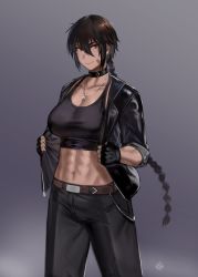Rule 34 | 1girl, abs, bandaid, bandaid on face, belt, black collar, black gloves, black hair, black pants, black shirt, braid, brown eyes, chain, collar, fingerless gloves, gloves, grey background, highres, hunyan, jacket, jewelry, leather, leather gloves, leather jacket, xiao (hunyan), long hair, midriff, muscular, muscular female, necklace, original, pants, shirt, sleeves rolled up, smile, solo, sports bra
