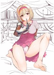 Rule 34 | 10s, 1girl, aldehyde, arm support, armor, blonde hair, book, bookshelf, breasts, collarbone, djeeta (granblue fantasy), dress, eyebrows, feet, female focus, full body, gauntlets, granblue fantasy, hair ornament, hairband, hairclip, index finger raised, indoors, knee up, looking at viewer, panties, parted lips, partially colored, pauldrons, pink dress, puffy sleeves, shirt, short dress, short hair, shoulder armor, sitting, sketch, solo, thighs, underwear, white panties, white shirt, yellow eyes