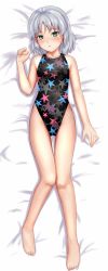 Rule 34 | 1girl, absurdres, bad id, bad pixiv id, barefoot, commission, competition swimsuit, dakimakura (medium), full body, goji (five clock), green eyes, highleg, highleg swimsuit, highres, lying, one-piece swimsuit, sanya v. litvyak, short hair, silver hair, solo, star (symbol), star print, strike witches, swimsuit, world witches series