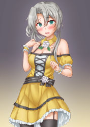 Rule 34 | 1girl, alternate costume, anti (untea9), asymmetrical hair, black thighhighs, blush, breasts, cleavage, collarbone, commentary request, detached collar, dress, flower, frilled dress, frilled sleeves, frills, gradient background, grey background, grey eyes, grey hair, highres, holding, holding microphone, idol, idol clothes, kantai collection, long hair, looking at viewer, microphone, nowaki (kancolle), off-shoulder dress, off shoulder, open mouth, short hair, short sleeves, solo, thighhighs, white flower, wrist cuffs, yellow dress
