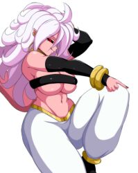 Rule 34 | 1girl, android 21, black sclera, bracelet, breasts, colored sclera, colored skin, darwaarts, detached sleeves, dragon ball, dragon ball fighterz, earrings, female focus, harem pants, highres, jewelry, large breasts, licking lips, long hair, looking at viewer, majin android 21, nail polish, navel, pants, pink skin, pointy ears, red eyes, skindentation, solo, strapless, tail, tongue, tongue out, tube top, underboob, white hair