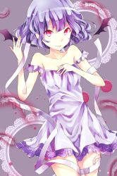 Rule 34 | 1girl, alternate costume, bad id, bad pixiv id, bare shoulders, bat wings, collarbone, cowboy shot, dress, feathers, flipped hair, frilled dress, frills, glowing, glowing eyes, grey background, hair between eyes, hand on own chest, highres, lavender dress, light purple hair, looking at viewer, mini wings, off shoulder, pointy ears, red eyes, remilia scarlet, ribbon, short hair, simple background, solo, tareme, tongue, tongue out, touhou, wings, yuusei tsukiro