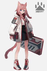 Rule 34 | 1girl, absurdres, animal ear fluff, animal ears, black skirt, blue eyes, braid, cat ears, cat girl, cat tail, closed mouth, commentary request, dolce (dolsuke), fanny pack, full body, grey background, highres, holding, jacket, long hair, long sleeves, low twintails, open clothes, open jacket, original, pigeon-toed, pink hair, puffy long sleeves, puffy sleeves, romaji commentary, romaji text, shirt, shoes, simple background, skirt, sleeves past wrists, solo, standing, tail, twin braids, twintails, white footwear, white jacket, white shirt