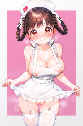 Rule 34 | 1girl, apron, apron hold, bare shoulders, blush, braided hair rings, breasts, breath, brown hair, cleft of venus, closed mouth, collarbone, commentary, covered erect nipples, frilled apron, frills, garter straps, gluteal fold, hair rings, hat, highres, idolmaster, idolmaster shiny colors, large breasts, looking at viewer, naked apron, nose blush, nurse cap, pink background, pussy juice, qianlou (qianlou12374), red eyes, see-through, see-through apron, sideboob, simple background, skindentation, smile, solo, sonoda chiyoko, steaming body, sweat, thighhighs, two-tone background, white apron, white garter straps, white thighhighs