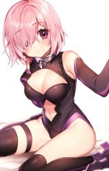 Rule 34 | 1girl, bare shoulders, black gloves, black thighhighs, breasts, cleavage, cleavage cutout, clothing cutout, commentary request, elbow gloves, fate/grand order, fate (series), gloves, hair over one eye, has bad revision, highres, ichinose yukino, leotard, looking at viewer, mash kyrielight, md5 mismatch, medium breasts, navel, pink hair, purple eyes, resolution mismatch, short hair, sitting, solo, source smaller, thighhighs, wariza