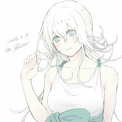Rule 34 | 1girl, blue eyes, closed mouth, collarbone, curly hair, dated, dress, highres, long hair, looking at viewer, nier, nier (series), signature, silver hair, simple background, smile, solo, tobikawa hatopo, white background, yonah