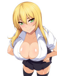 Rule 34 | 1girl, black skirt, black thighhighs, blonde hair, blush, breasts, cleavage, collarbone, collared shirt, cowboy shot, cropped legs, eve (artist), female focus, green eyes, hair between eyes, hands on own hips, large breasts, leaning forward, looking at viewer, miniskirt, naughty face, pleated skirt, school uniform, shiny skin, shirt, short sleeves, simple background, skirt, smile, solo, thighhighs, thighs, white background, white shirt, zettai ryouiki