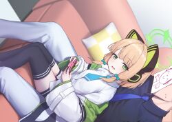 Rule 34 | 1boy, 1girl, absurdres, animal ear headphones, animal ears, doodle sensei (blue archive), black thighhighs, blonde hair, blue archive, blue bow, blue necktie, blush, bow, collared shirt, controller, couch, fake animal ears, game controller, green eyes, green halo, hair bow, halo, headphones, highres, holding, holding controller, holding game controller, indoors, jacket, long sleeves, looking at viewer, midori (blue archive), miramu (ramu450471), necktie, open mouth, pants, playing games, sensei (blue archive), shirt, short hair, sitting, sitting between lap, smile, thighhighs, white jacket, white pants, white shirt, wide sleeves