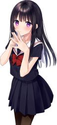 Rule 34 | 1girl, black hair, black serafuku, black shirt, black skirt, blush, bow, brown pantyhose, collarbone, commentary request, hands up, highres, long hair, looking at viewer, original, pantyhose, parted lips, pleated skirt, purple eyes, red bow, rimo, sailor collar, school uniform, serafuku, shirt, short sleeves, simple background, skirt, solo, standing, steepled fingers, very long hair, white background, white sailor collar