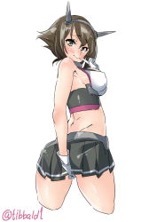Rule 34 | 10s, 1girl, ass, black skirt, blush, breasts, brown hair, collar, ebifurya, finger to mouth, flipped hair, gloves, green eyes, halterneck, headgear, highres, kantai collection, looking at viewer, looking back, medium breasts, mutsu (kancolle), pleated skirt, sideboob, simple background, sketch, skirt, smile, solo, striped clothes, striped skirt, twisted torso, twitter username, upper body, white background, white gloves