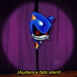 Rule 34 | 1boy, 9474s0ul, animal ears, artist name, commentary, english commentary, english text, highres, indoors, looking at viewer, male focus, meme, metal sonic, no humans, red eyes, robot, scene reference, solo, sonic (series), sonic cd, sonic the hedgehog (classic), spongebob squarepants (series), spotlight, stage curtains, theater, watermark