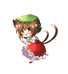 Rule 34 | 1girl, :3, :d, animal ears, blush, bobby socks, bow, bowtie, brown eyes, brown hair, cat ears, cat girl, cat tail, chen, chibi, dress, earrings, fang, frilled dress, frills, full body, hat, highres, jewelry, juliet sleeves, long sleeves, looking at viewer, mary janes, mob cap, multiple tails, nekomata, open mouth, paw pose, ponta (wwtaimeww), puffy sleeves, red dress, red footwear, shoes, short hair, single earring, smile, socks, solo, tail, touhou, two tails, white socks, yellow bow, yellow bowtie