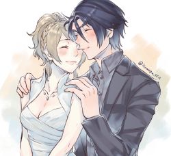 Rule 34 | 1boy, 1girl, black hair, blonde hair, blush, braid, breasts, cleavage, couple, dress, closed eyes, final fantasy, final fantasy xv, formal, hands on another&#039;s shoulders, isakawa megumi, jewelry, lunafreya nox fleuret, necklace, noctis lucis caelum, aged up, smile, suit, upper body