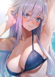 Rule 34 | 1girl, 86 -eightysix-, absurdres, arm up, armpits, blue eyes, blush, breasts, commission, grey hair, hair between eyes, highres, large breasts, long hair, looking at viewer, pixiv commission, presenting armpit, smile, solo, sooon, swimsuit, upper body, vladilena millize, wet