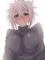 Rule 34 | 1girl, aki (suterii), bad id, bad pixiv id, blue eyes, blush, breasts, female focus, grey hair, highres, large breasts, looking at viewer, original, ponytail, ribbed sweater, short hair, simple background, smile, solo, suterii, sweater, white background