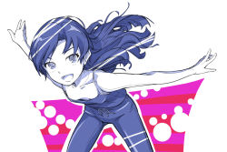 Rule 34 | 1girl, bent over, blue theme, blush, collarbone, cowboy shot, downblouse, flat chest, happy, idolmaster, idolmaster (classic), kisaragi chihaya, long hair, monochrome, outstretched arms, solo, spread arms, takahashi ren