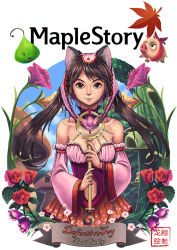 Rule 34 | 00s, 1girl, animal ears, arch bishop (ragnarok online), breasts, brown eyes, brown hair, cat ears, character name, commentary, detached sleeves, dress, earrings, headgear, highres, jewelry, lips, looking at viewer, maplestory, nose, off-shoulder dress, off shoulder, ryu shou, small breasts, smile, twintails, wand
