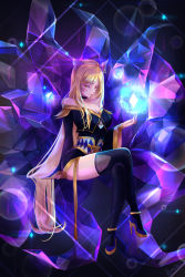 Rule 34 | 1girl, ahri (league of legends), animal ears, anklet, arm up, artist name, bad id, bad pixiv id, bare shoulders, black background, black thighhighs, blonde hair, blue footwear, blurry, bokeh, breasts, cleavage, commentary, crystal, depth of field, diffraction spikes, dress, english commentary, expressionless, facial mark, fox ears, glowing, gold footwear, hanbok, high heels, jewelry, k/da (league of legends), k/da ahri, korean clothes, league of legends, long hair, long sleeves, looking at viewer, medium breasts, open hand, orange eyes, pistachiocream, signature, sitting, solo, strapless, strapless dress, swept bangs, thighhighs, two-tone footwear, very long hair, whisker markings