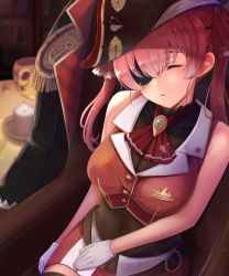 1girl, armpit crease, arrow through heart, ascot, bangs, bare arms, belt, bicorne, black choker, black coat, black eyepatch, black headwear, black legwear, blurry, blurry background, bodystocking, bookshelf, breasts, brooch, brown belt, buttons, candle, choker, coat, commentary request, covered navel, cowboy shot, cropped jacket, embroidery, epaulettes, eyepatch, frilled choker, frilled shirt collar, frills, gloves, gold trim, hair ribbon, hat, head tilt, highres, hololive, hololive fantasy, houshou marine, indoors, izu (tea value lord), jacket, jewelry, large breasts, leather belt, leotard, leotard under clothes, long hair, miniskirt, pirate, pirate costume, pirate hat, pleated skirt, red hair, red jacket, red neckwear, red ribbon, red skirt, ribbon, see-through, sheer leotard, shiny, shiny hair, skirt, sleeping, sleeveless, sleeveless jacket, solo, thighhighs, twintails, two-tone skirt, virtual youtuber, white gloves