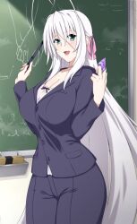 Rule 34 | 1girl, :d, blush, breasts, chalkboard, classroom, cleavage, commission, condom, condom wrapper, hair ribbon, high school dxd, highres, holding, holding condom, holding hands is lewd, holding pointer, indoors, jacket, large breasts, lindaroze, long hair, looking at viewer, open mouth, pants, pink ribbon, pointer, ribbon, rossweisse, smile, solo, standing, teacher, very long hair