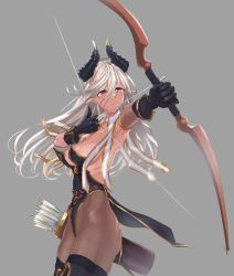 Rule 34 | 1girl, black footwear, black gloves, black horns, black leotard, black pantyhose, boots, bow (weapon), breasts, breasts out, brown eyes, detached collar, drawing bow, elbow gloves, elf, facing to the side, gloves, grey background, hair between eyes, holding, holding bow (weapon), holding weapon, horns, large breasts, leotard, long hair, looking away, mole, mole under eye, original, pantyhose, parted lips, pointy ears, q (ed69), quiver, simple background, solo, thigh boots, weapon, white hair